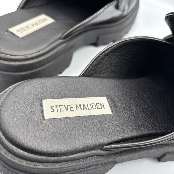 STEVE MADDEN Missk Black Patent Leather Mules Size 7.5 Chunky Loafer Y2k Retro - Picture 7 of 12